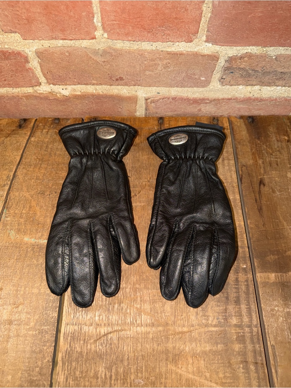 Harley Davidson Black Leather Motorcycle Riding Gloves Metal Logo Authentic
